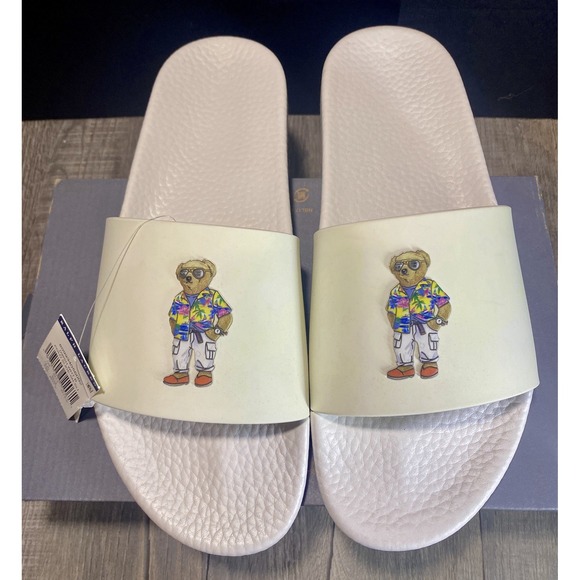 New Polo Ralph Lauren Men\'s Slides White Heritage Beach Polo Bear Hawaiian 13